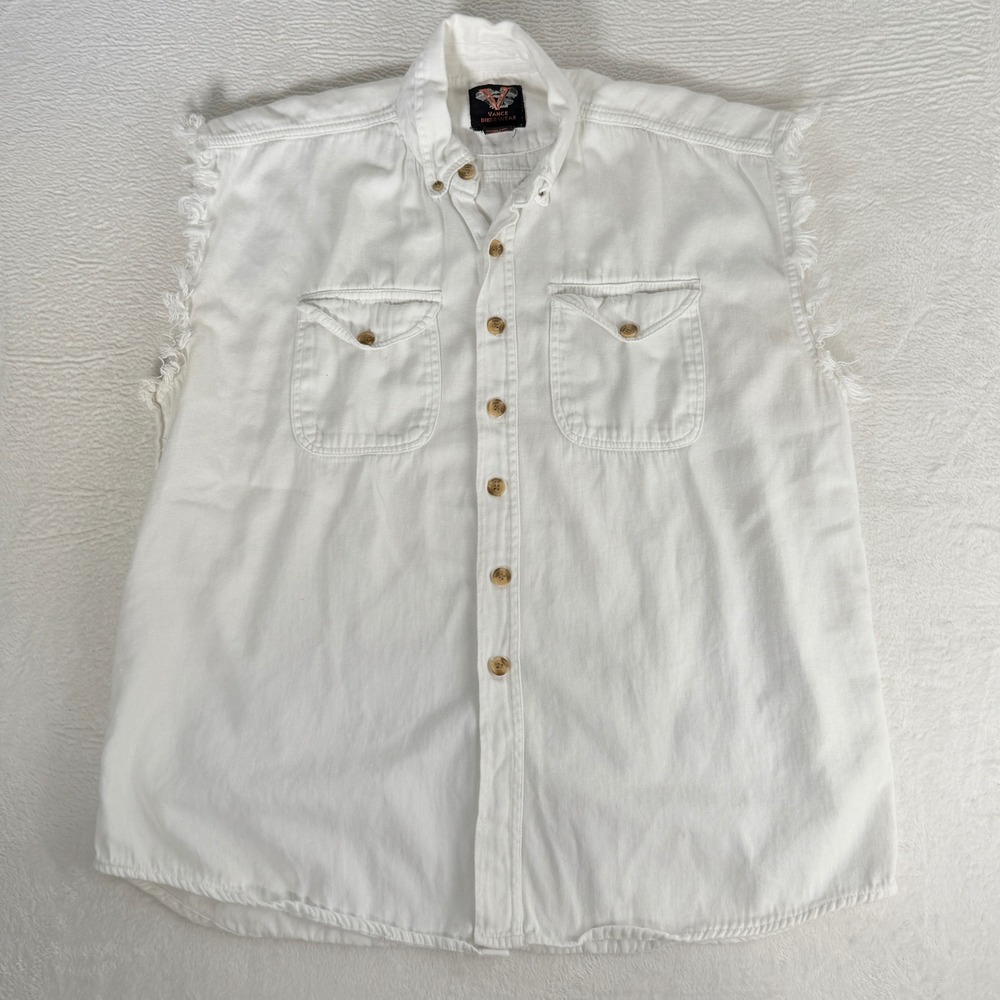 Vance Biker Wear Mens White Sleeveless Denim Shirt Frayed Cutoff Large Retro